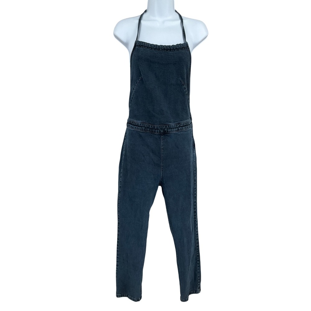 Free People Jumpsuit Womens 4 Blue Denim Halter Open Back Boho Festival Tapered